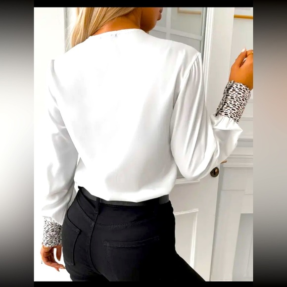 Leopard Patch Lantern Sleeve Button Front Top - Picture 3 of 7